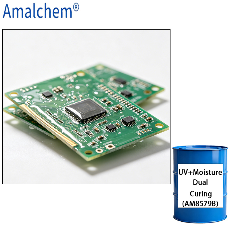 AM8579B UV/ влага двухкомпонентная система лечения-отличное сцепление, теплостойкость к удару, высокая гибкость и долговременная ясность для защиты ПХД
