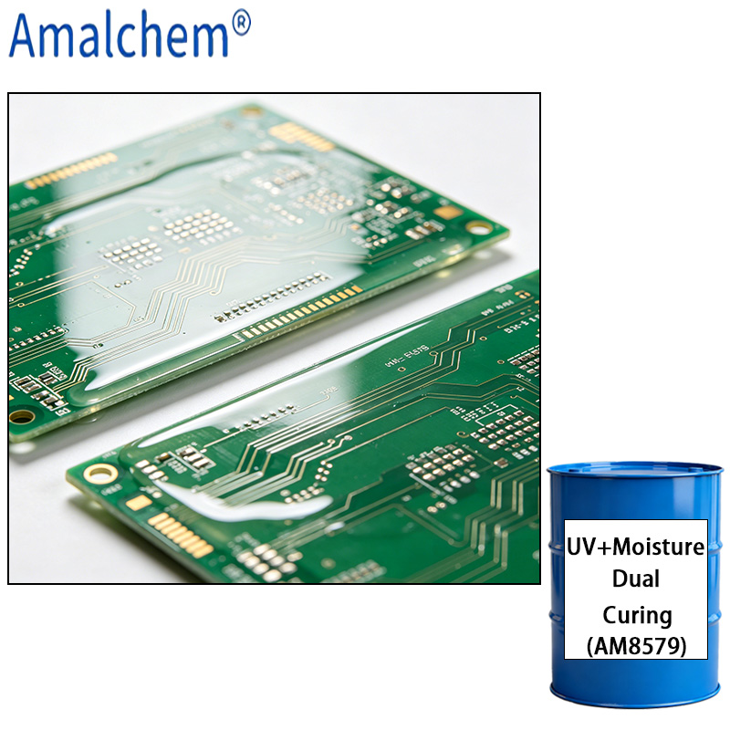 AM8579 UV/ влага двухкомпонентная система лечения-отличное сцепление, теплостойкость к удару, высокая гибкость и долговременная ясность для защиты ПХД