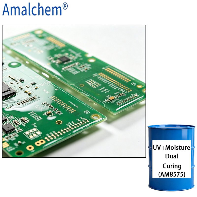 AM8575 UV/ влага двухкомпонентная система лечения — превосходная тепловая циклетная производительность, высокая гибкость и антижелтование для применения в конформальном нанесении покрытий